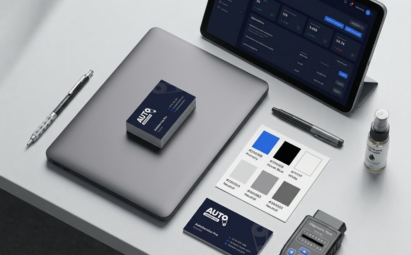 AutoService Pro — branding mock-up: business cards, laptop, tablet dashboard and color palette