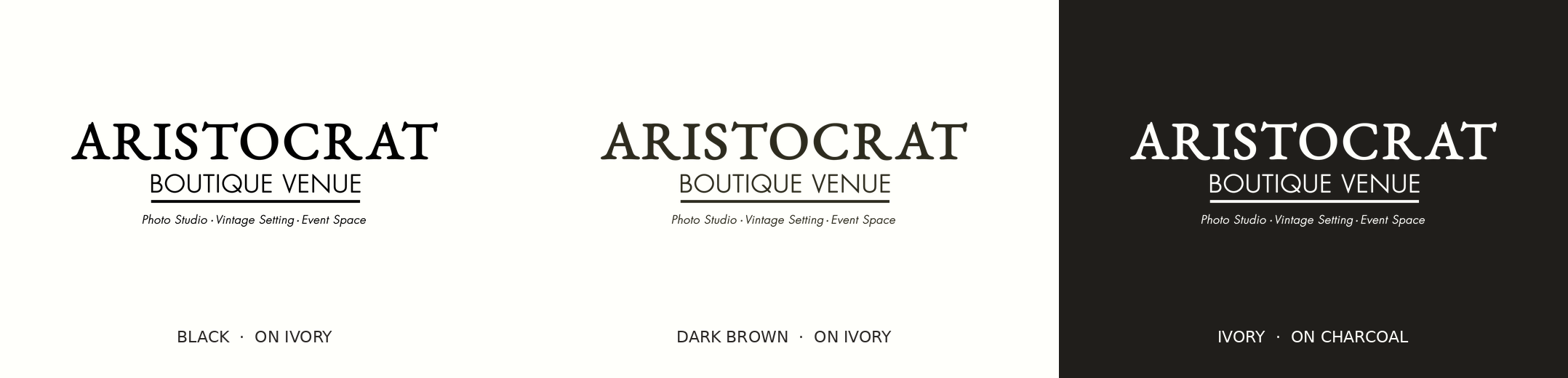 Aristocrat Boutique Venue logo variants — black on ivory, dark brown on ivory, ivory on charcoal