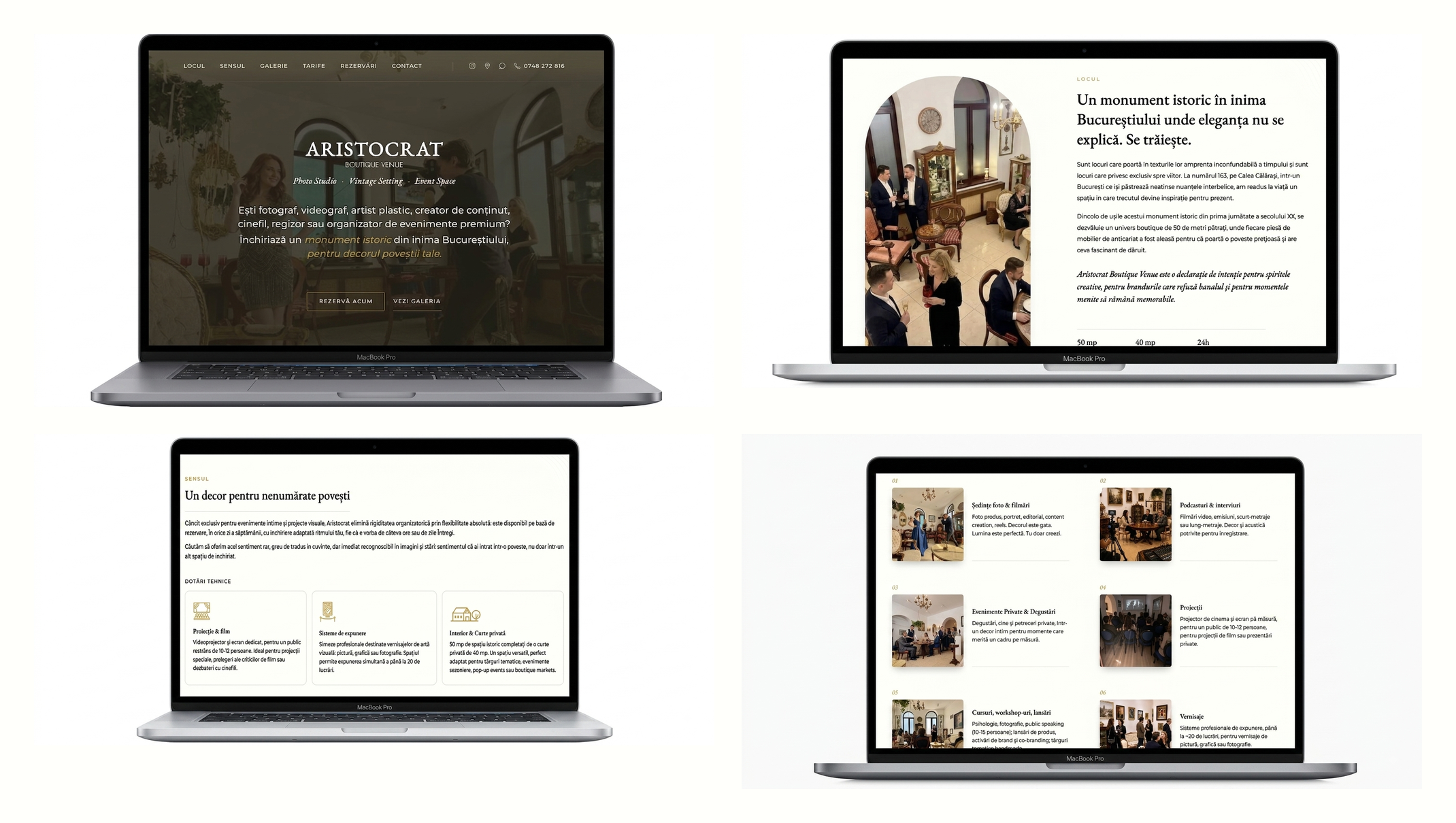Aristocrat Boutique Venue website — hero, Locul, Sensul and Evenimente sections