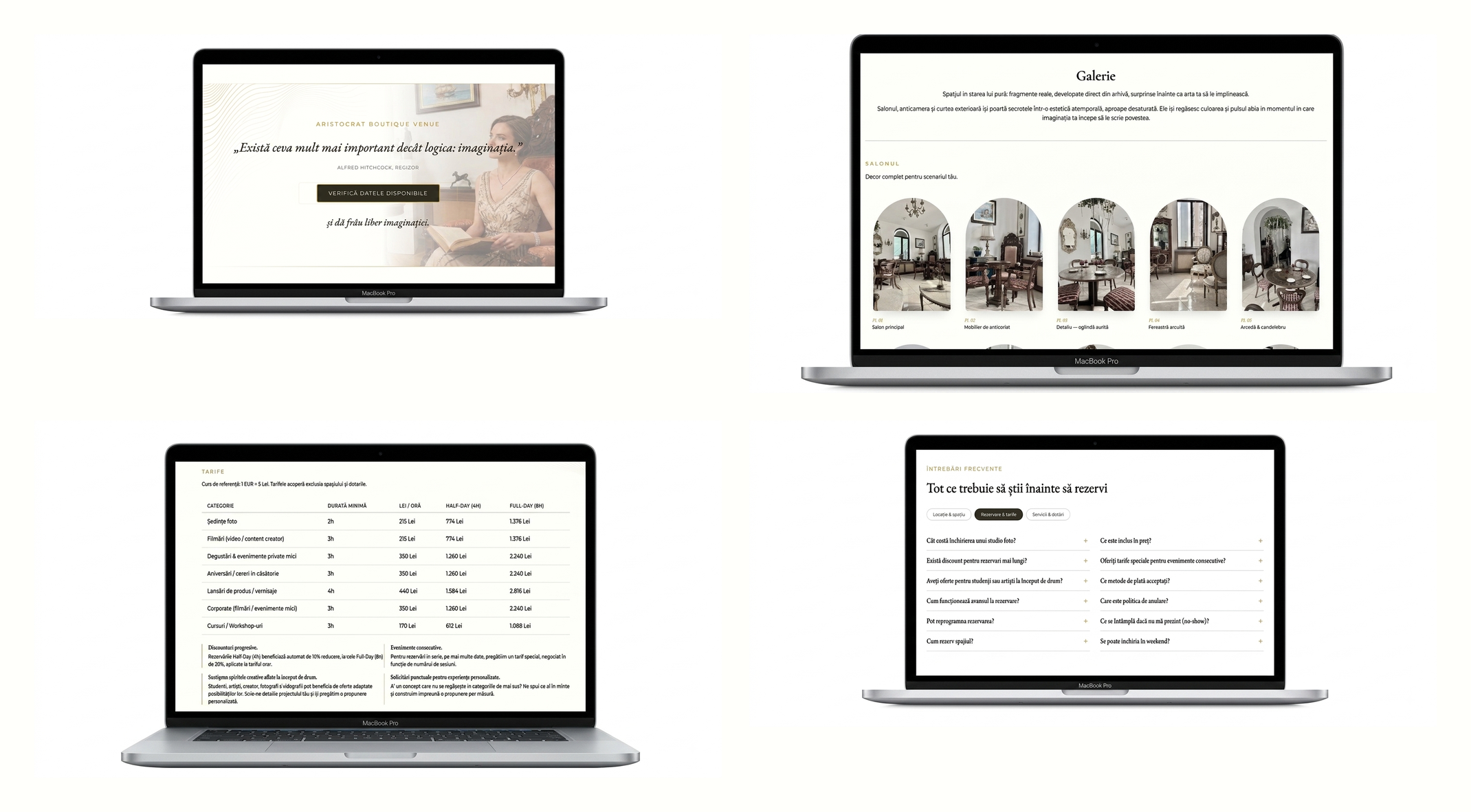 Aristocrat Boutique Venue website — quote banner, Galerie, Tarife and FAQ sections