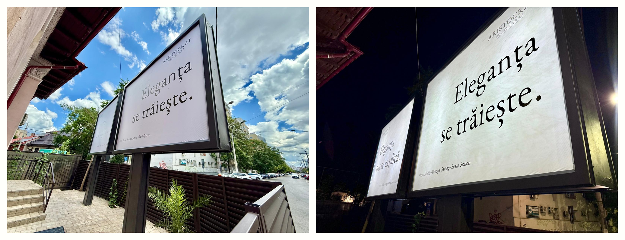 Aristocrat Boutique Venue — the 3.2 × 2.4 m illuminated exterior panels, by day and lit at night, reading 'Eleganța se trăiește'
