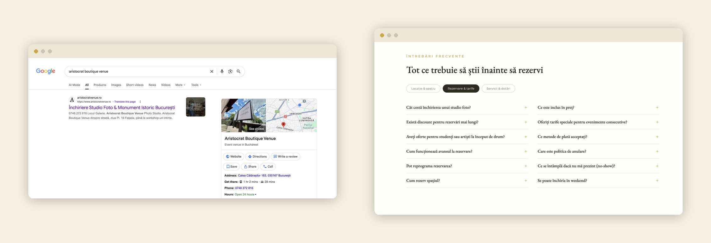Aristocrat Boutique Venue ranking first on Google for 'aristocrat boutique venue', next to the site's FAQ section