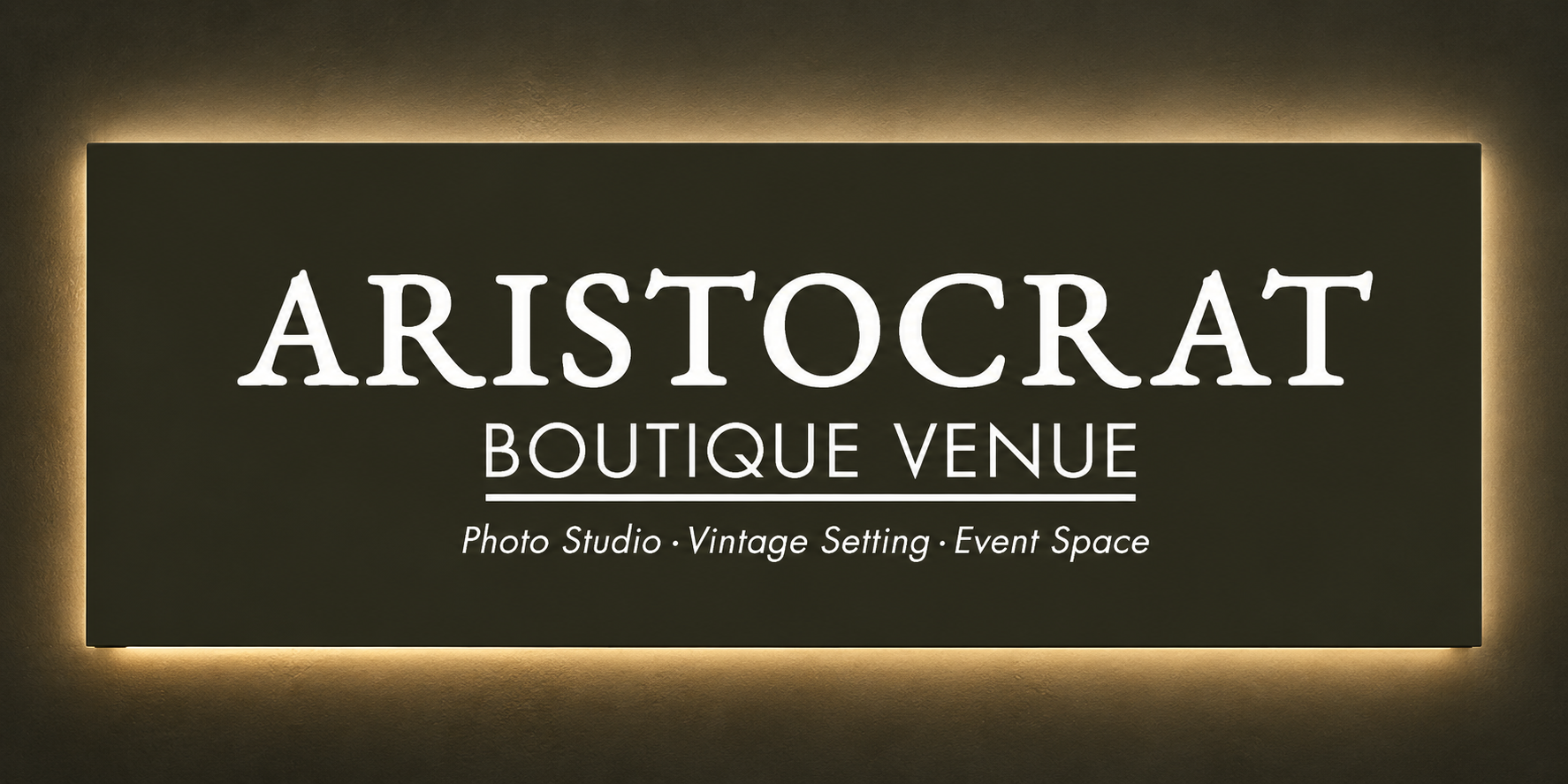 Aristocrat Boutique Venue — backlit illuminated sign box render for the exterior wall