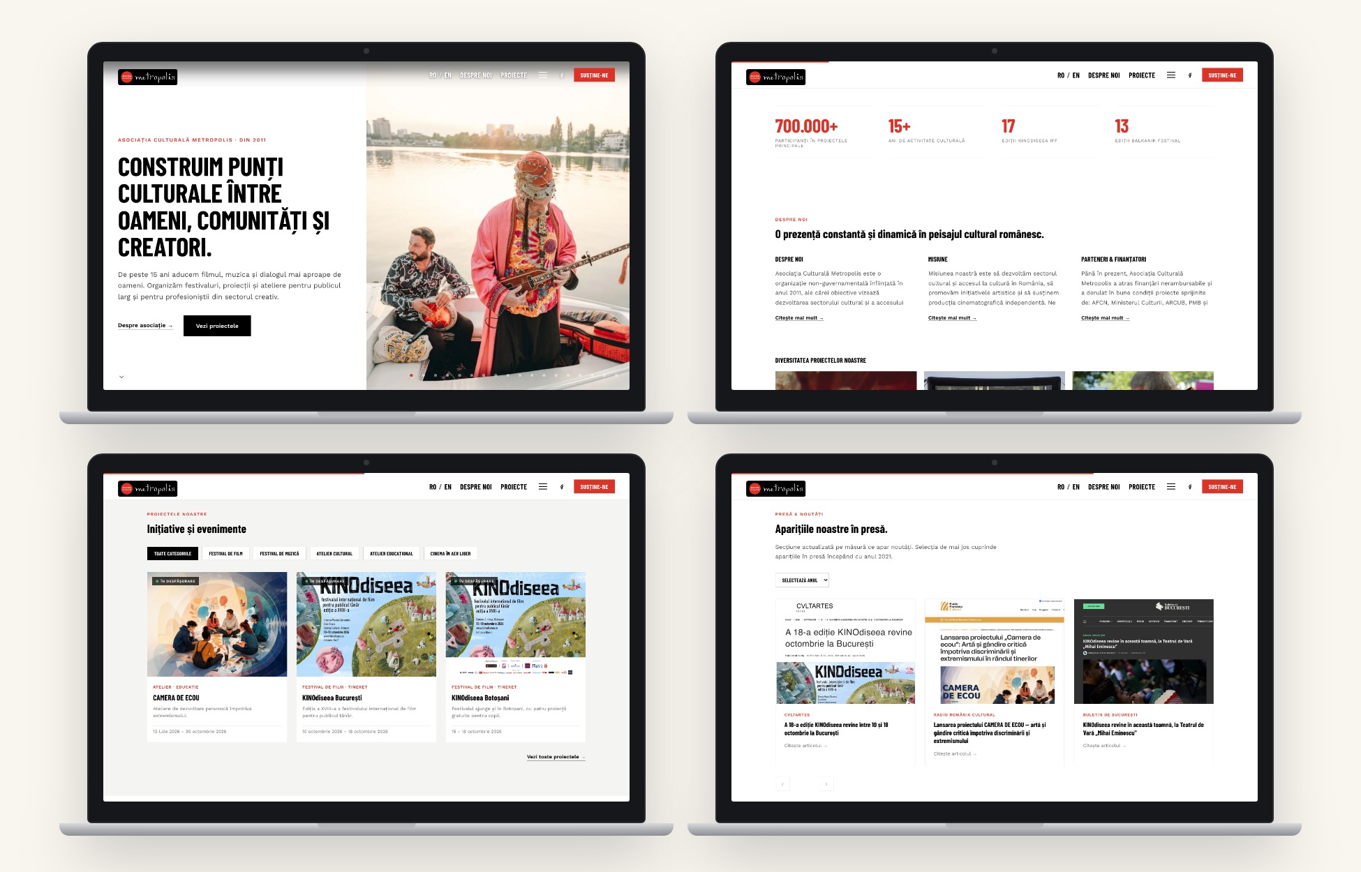 Asociația Culturală Metropolis: homepage hero, stats and About, filterable projects, press library