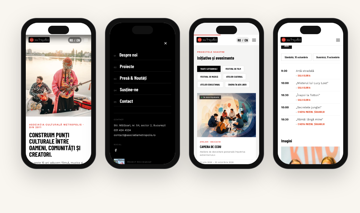 Asociația Culturală Metropolis on mobile: hero, full-screen menu, projects, festival programme