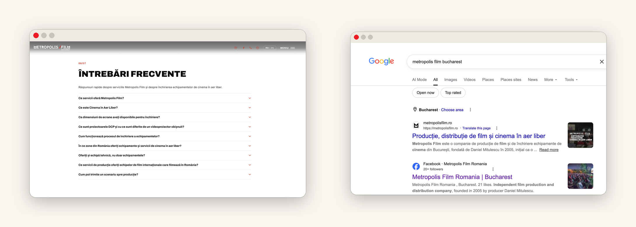 Metropolis Film — FAQ section written for AI assistants, and the site ranking first in Google for "metropolis film bucharest"